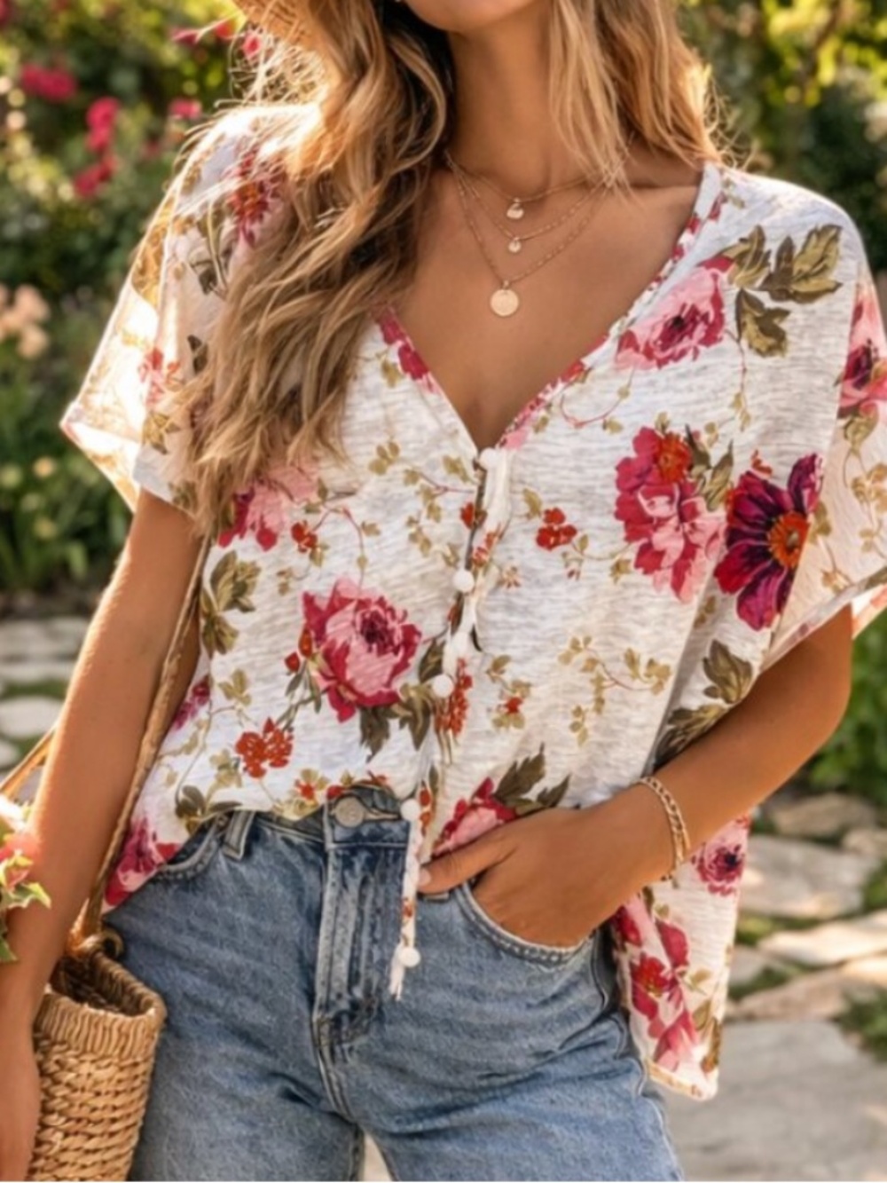 LAURA ASHLEY Linen Blend Floral V-Neck Button Front Top Blouse